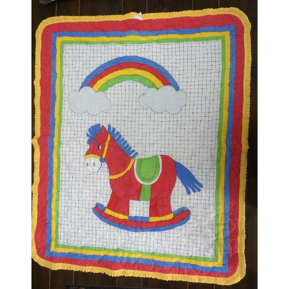 VTG Handmade Baby Blanket Quilt Nursery Rocking Horse Rainbow Ruffle 42" x 34"